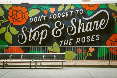 Public art mural. Mural features large red roses and the text 'Don't forget to stop and share the roses'.