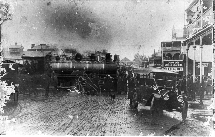 Historical photo of first first train on the drayton deviation