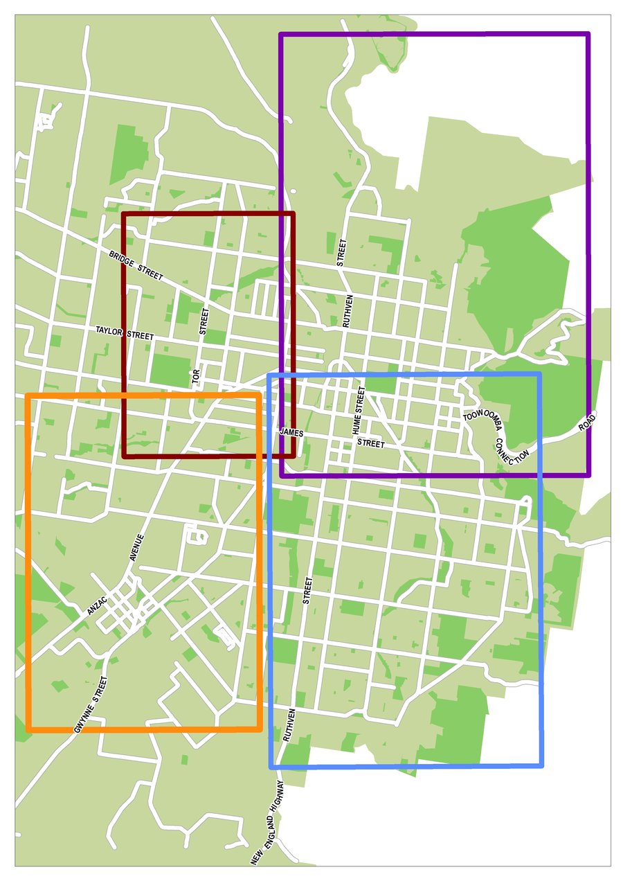 Toowoomba heritage drive tour map of four geographic sections including north east, north west, south west, south east