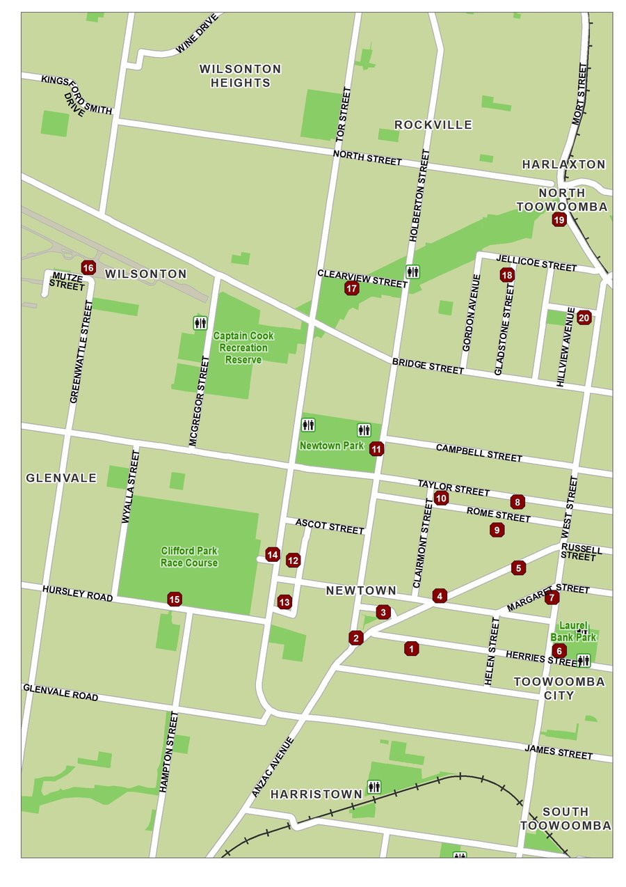 North west Toowoomba heritage self-drive tour map
