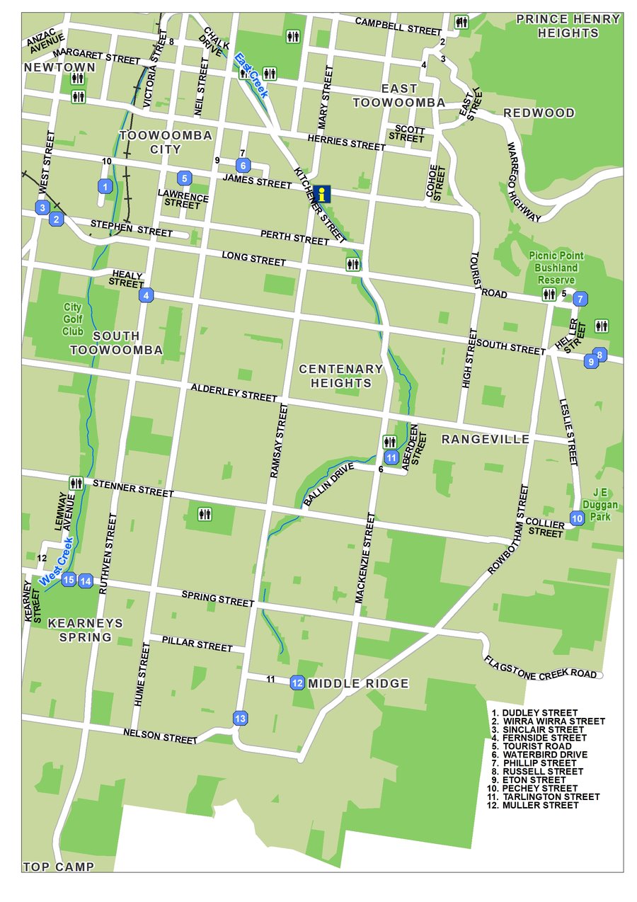 Toowoomba Heritage self-drive tour map of the South East area.