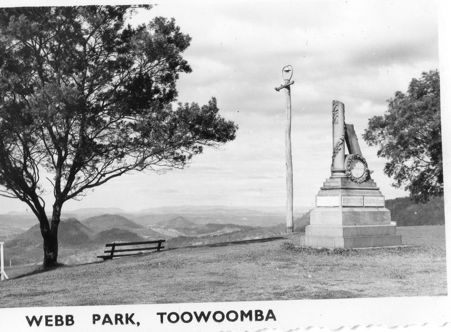 Historic black and white photo of Webb Park and view over the Lockyer Valley and to Tabletop Mountain.