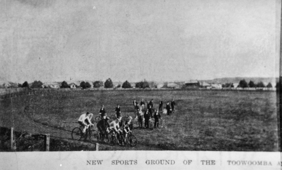 Black and white photo of the athletic oval1899, now home to the Clive Berghofer Stadium.