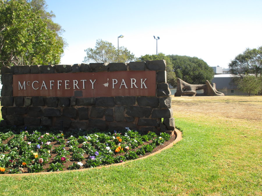 Stone entrance signage at Mccafferty Park.