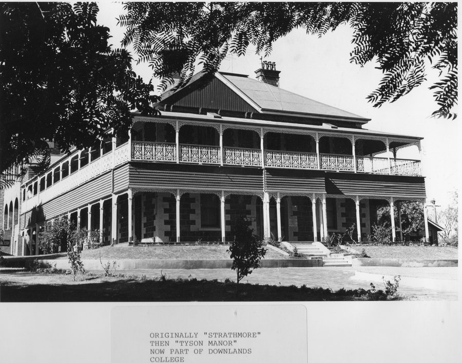 Tyson manor strathmore historical black and white photo. Two story building surrounded by verandas.