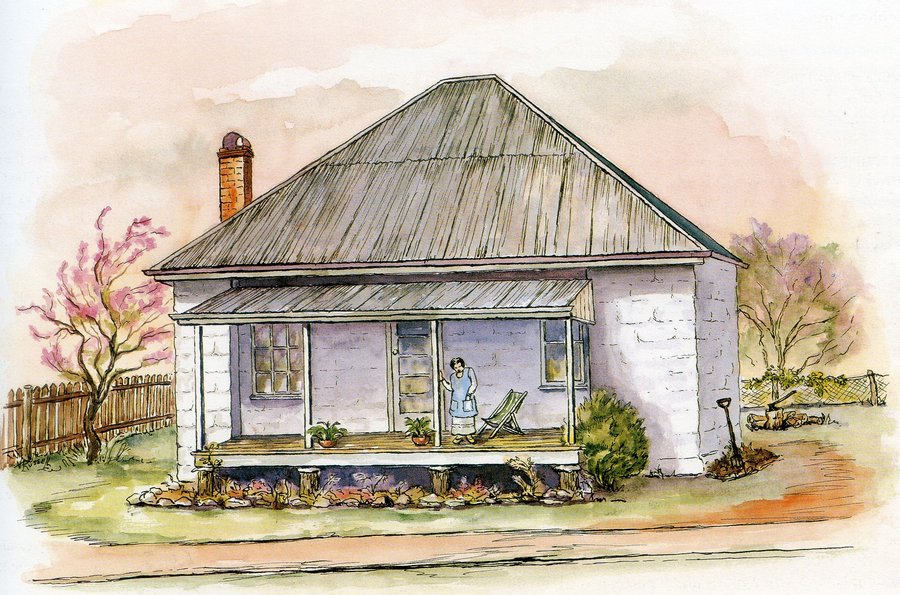 Painting of Taylor's cottage in Stephen Street. A humble little four-roomed stone cottage with small front veranda.