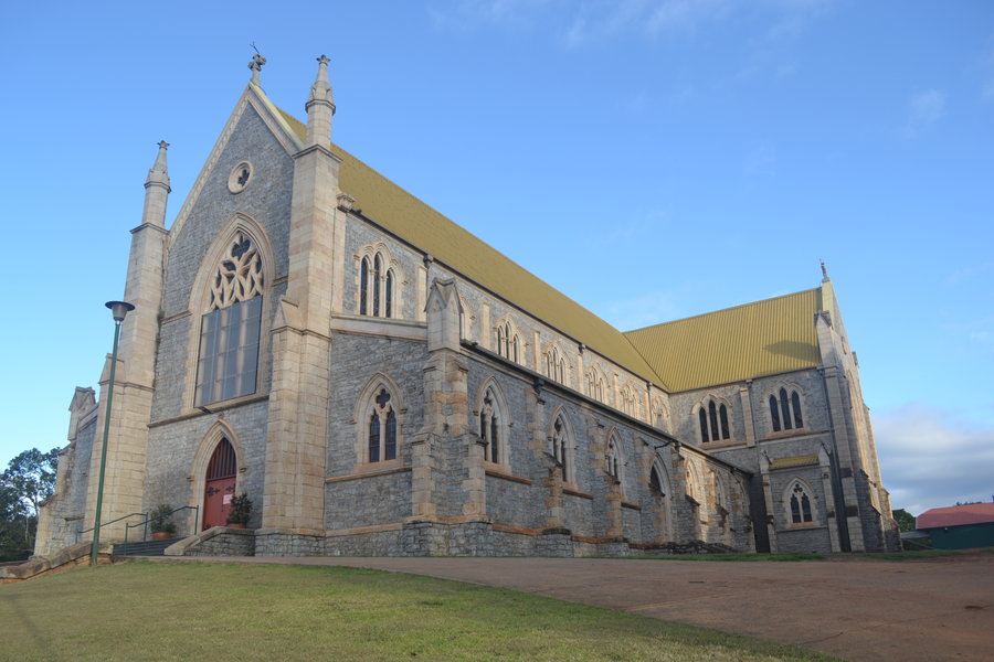 Recent photo of St Patrick's Cathedral - a large Victorian Gothic church built from basalt.
