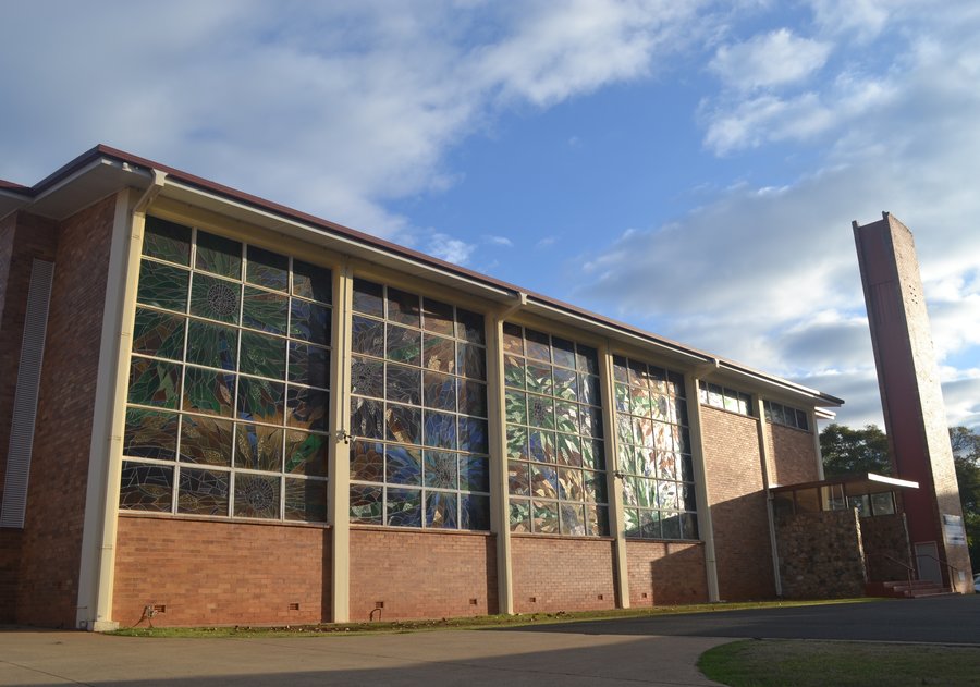 St Paul's Lutheran Church stained glass windows. Four panels representing the Gospel story.
