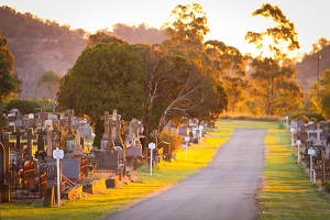 Drayton and Toowoomba Cemetery at sunset.