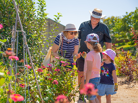 Children with grandparents in a garden