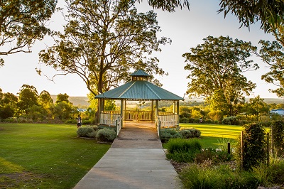 Grand Rotunda at Highfields Peacehaven Botanic Park. Peaceful green space looking out towards the Bunya Mountains at sunset