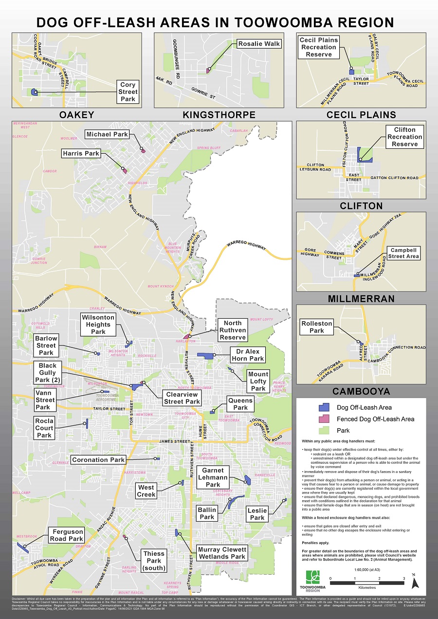 Map of dog off-leash areas in the Toowoomba Region