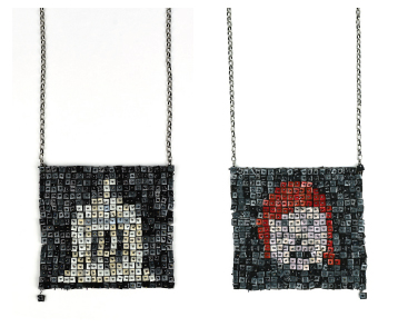 Two neckpieces crafted by 2019 Contemporary Wearables Biennial Jewellery Award winner Melissa Cameron. Neckpieces feature a stainless steel chain with a shiny rectangular shape hanging off the chain.