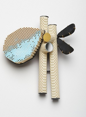 Brooch crafted by 2015 Contemporary Wearables Biennial Jewellery Award winner Christel Van Der Laan. Brooch is made from ceramic honeycomb, oxidised silver, gold, onyx, mirror and paint. 