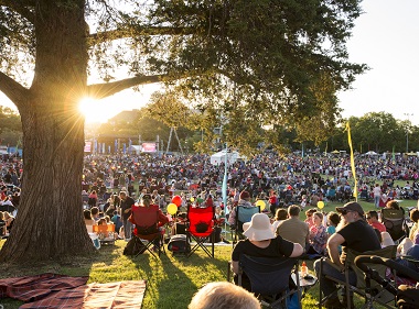 Crowd of people sitting in the park watching a performance on stage.